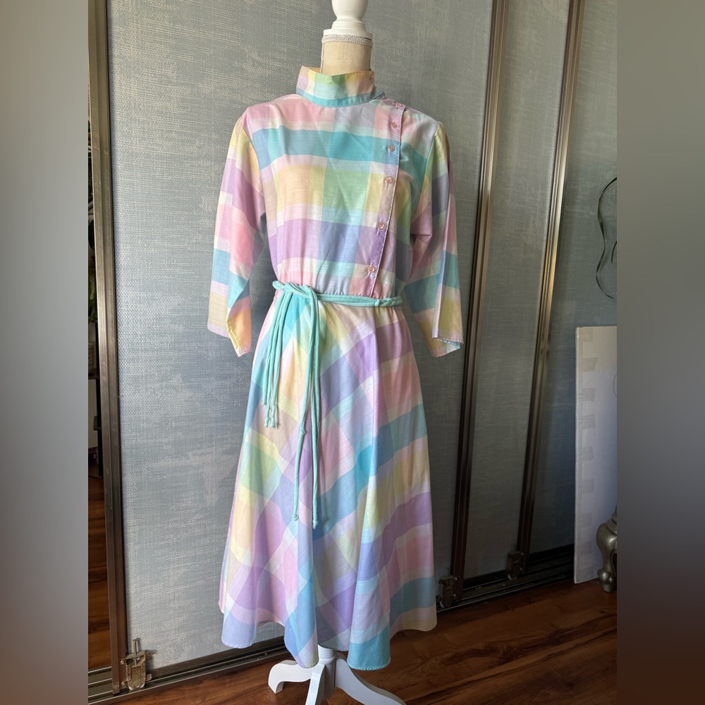 Pastel Plaid Long Sleeve Vintage Dress
